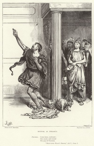 Bottom, als Pyramus, Midzomernachtsdroom, Act V, Scene I door Frederick Barnard