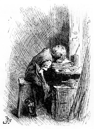 Charles Dickens in de Blacking Factory, een illustratie uit 