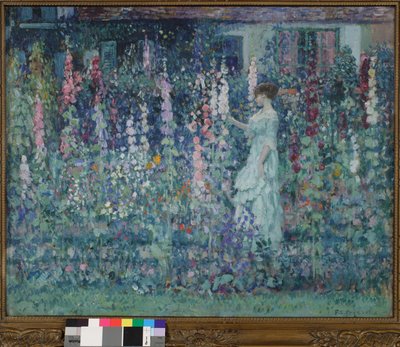 Stokrozen door Frederick Carl Frieseke