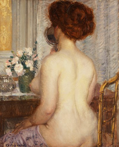 Vrouw aan een kaptafel door Frederick Carl Frieseke