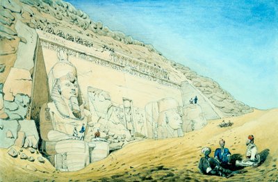 Standbeelden van Ramses II buiten de ingang van de hoofdtempel in Abu Simbel, Egypte, 13e eeuw v.Chr. door Frederick Catherwood