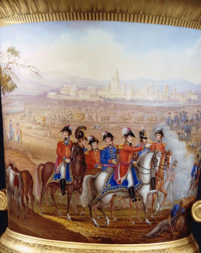 Detail van Wellington en zijn Officieren van een Berlijnse goudgrond slanke campana vaas en sokkel van Wellington diensttype, geschilderd met een scène van de Slag bij Vittoria, 1817 door Frederick Christian Lewis