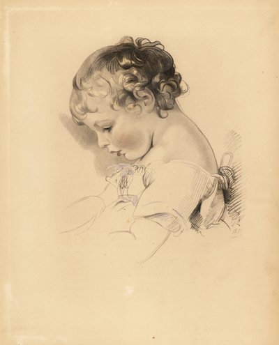 Portret van Henry Bloxam, neef van Sir Thomas Lawrence. Jongen in jurk met blauw lint. Handgekleurde gravure door Frederick Christian Lewis naar een illustratie van Sir Thomas Lawrence uit P.G. Patmore
