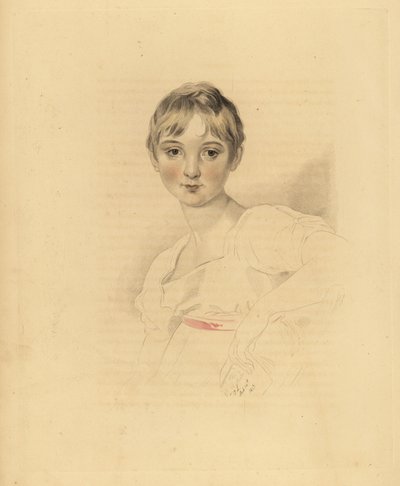 Portret van Lucy Meredith, nicht van Sir Thomas Lawrence. Jong meisje in witte jurk met roze lint. Handgekleurde gravure door Frederick Christian Lewis naar een illustratie van Sir Thomas Lawrence uit P.G. Patmore