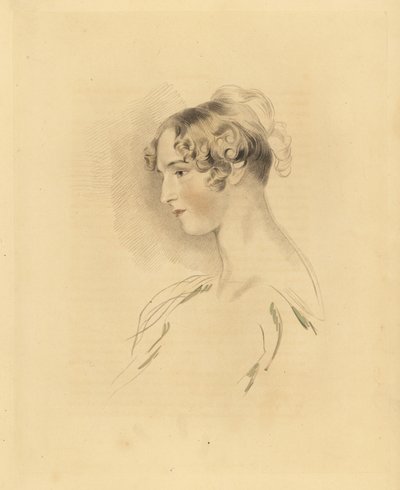 Portret van Mary Isabella Bloxam als jonge vrouw, nicht van Sir Thomas Lawrence. Met haar haar omhoog en gekruld, in een off-the-shoulder jurk. Gravure door Frederick Christian Lewis naar een illustratie van Sir Thomas Lawrence uit P.G. Patmore’s Cabinet o door Frederick Christian Lewis