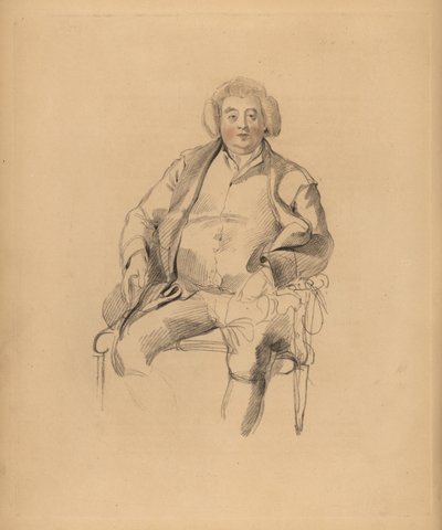 Portret van de vader van Sir Thomas Lawrence, herbergier Thomas Lawrence. Corpulente man met pruik zittend op een stoel. Handgekleurde gravure door Frederick Christian Lewis naar een illustratie van Sir Thomas Lawrence uit P.G. Patmore