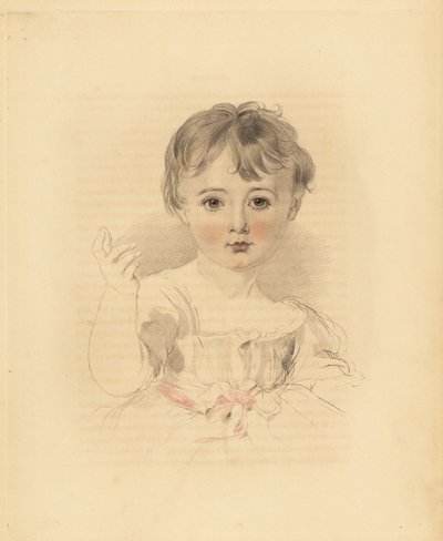 Portret van Thomas Lawrence Bloxam, neef van Sir Thomas Lawrence. In jurk met roze lint. Handgekleurde gravure door Frederick Christian Lewis naar een illustratie van Sir Thomas Lawrence uit P.G. Patmore