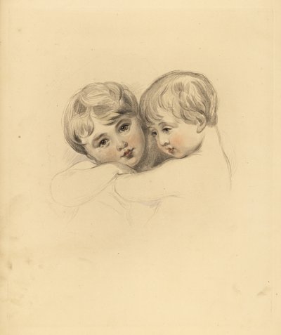 Portret van de Calmeady kinderen in een omhelzing. Handgekleurde gravure door Frederick Christian Lewis naar een illustratie van Sir Thomas Lawrence uit P.G. Patmore