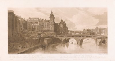 Uitzicht op Pont au Change, Theatre de la Cite, Pont Neuf en de Conciergerie gevangenis door Frederick Christian Lewis the Elder