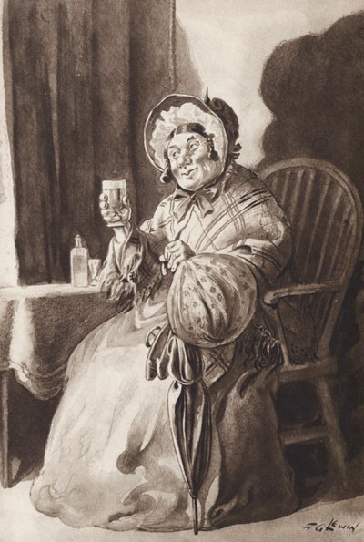 Mevrouw Gamp uit Martin Chuzzlewit, door Charles Dickens (gravure) door Frederick George Lewin