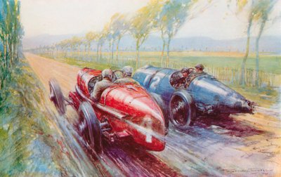 Felice Nazzaro won de Grand Prix van 1922 met een van de nieuwe en zeer snelle Fiats door Frederick Gordon (after) Crosby