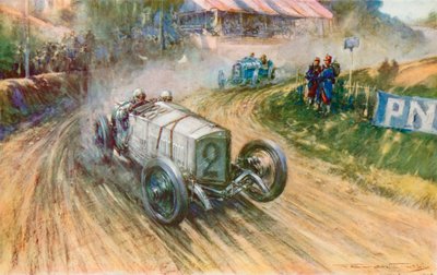 Lautenschlager met de Duitse Mercedes en Boillot met de Franse Peugeot in hun grote strijd tijdens de Grand Prix van 1914 door Frederick Gordon (after) Crosby