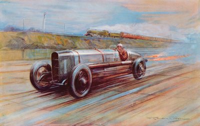 De aero-motor 12-cilinder Sunbeam beroemd gemaakt door K Lee Guinness op Brooklands en de snelste auto van 1922 door Frederick Gordon (after) Crosby