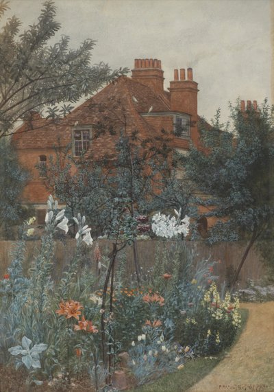Uitzicht op een tuin in Bedford Park door Frederick Hamilton Jackson