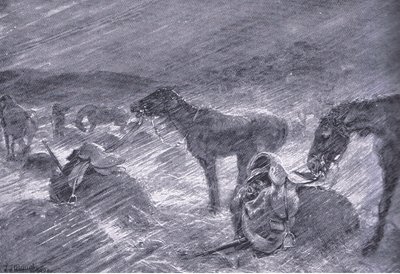 Een Zuid-Afrikaanse hagelstorm, uit After Pretoria: The Guerilla War gepubliceerd door Harmsworth Bros Limited, 1901 door Frederick Judd Waugh