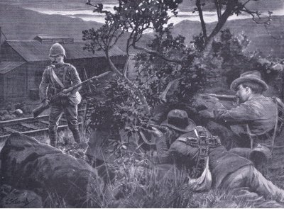 Onwaardige oorlogsvoering: Boeren die een schildwacht beschieten, uit After Pretoria: The Guerilla War gepubliceerd door Harmsworth Bros Limited, 1901 door Frederick Judd Waugh