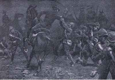 Majoor Boole-Smith pakt De Wet aan, uit After Pretoria: The Guerilla War gepubliceerd door Harmsworth Bros Limited, 1901 door Frederick Judd Waugh