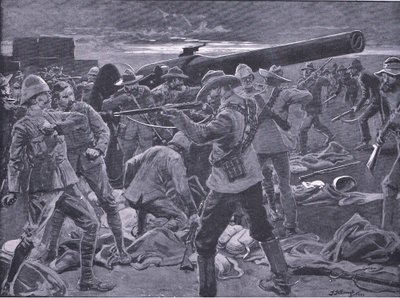 De aanval op Gun Hill: De kanonniers van de marine 47 verrast, uit Na Pretoria: De Guerrillaoorlog gepubliceerd door Harmsworth Bros Limited, 1901 door Frederick Judd Waugh