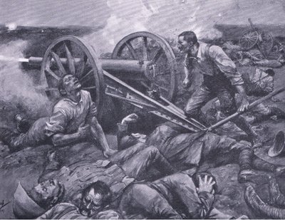 De verdediging van Dewetsdorp: een 15-ponder alleen bedienen, illustratie uit Na Pretoria: De Guerrillaoorlog, 1902 door Frederick Judd Waugh