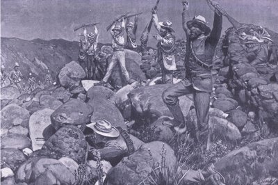 De geveinsde overgave die de Liverpools in een wanhopige positie bracht, illustratie uit Na Pretoria: De Guerrillaoorlog, 1902 door Frederick Judd Waugh