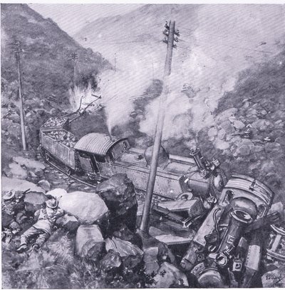 Het ontsporen van een gepantserde trein bij Vlakfontein, illustratie uit Na Pretoria: De Guerrillaoorlog, 1902 door Frederick Judd Waugh