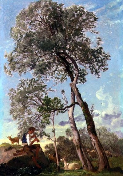 In de Campagna, een Geitenhoeder die de Fluit speelt door Frederick Lee Bridell