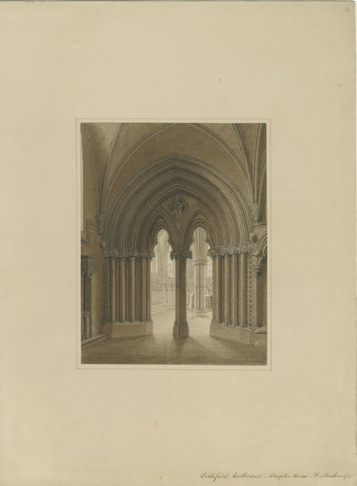 Interieur van de kathedraal van Lichfield - Deur van de kapittelzaal: sepia tekening door Frederick Mackenzie