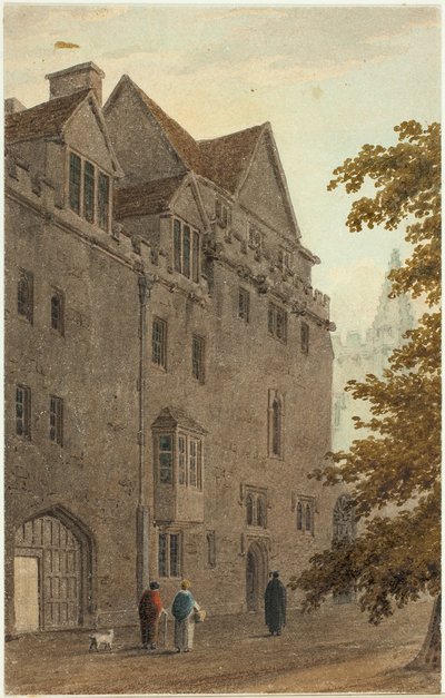 Oude Magdalen Hall vanaf de Gravel Walk afgebrand A.D. door Frederick Mackenzie