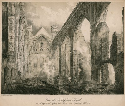 Uitzicht op de Kapel van St. Stephen zoals het verscheen na de brand in oktober 1834 door Frederick Mackenzie
