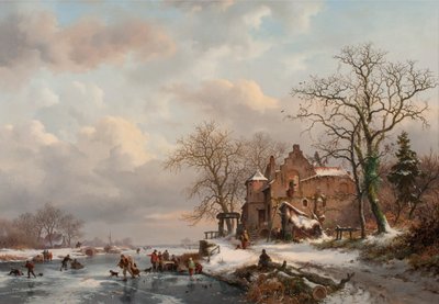 Een winterlandschap met schaatsers op een bevroren rivier door Frederick Marianus Kruseman