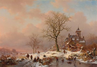 Winterlandschap met figuren die op het ijs spelen, 1868 door Frederick Marianus Kruseman