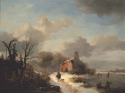 Winterlandschap met boer en figuren op ijs door Frederick Marianus Kruseman
