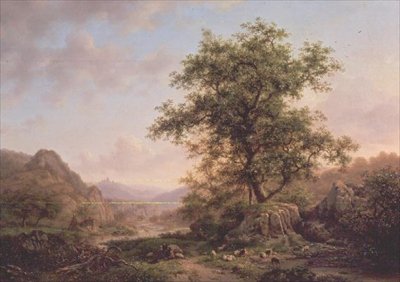 Bosrijk landschap met boeren en dieren op pad door Frederick Marianus Kruseman