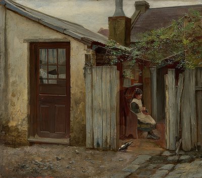 Meisje met vogel voor de King Street bakkerij door Frederick McCubbin