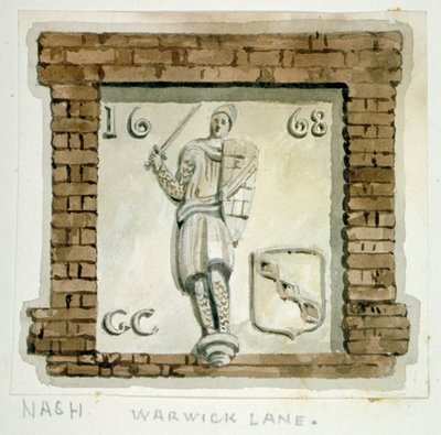 Beeld van Guy, Graaf van Warwick, op de muur van een huis in Warwick Lane, City of London, ca. 1820 door Frederick Nash