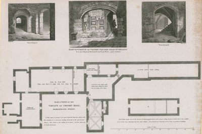 Grondplan en uitzichten van gewelven van Crosby Hall, Bishopsgate Street door Frederick Nash