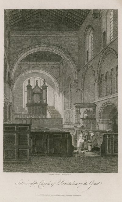 Interieur van de kerk van St. Bartholomew the Great door Frederick Nash