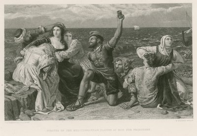 Piraten van de Middellandse Zee spelen dobbelstenen voor gevangenen (gravure) door Frederick Richard Pickersgill