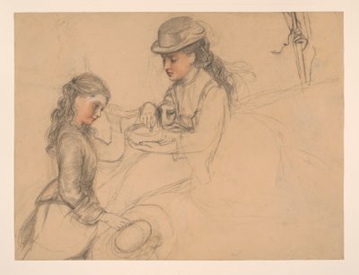 Studie van twee meisjes, met een studie van een hand rechts door Frederick Sandys