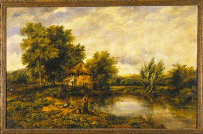 Een Rivierlandschap met een Visser bij een Molen door Frederick Waters Watts