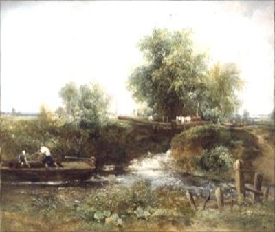 Rivier met Overstekende Paarden en Skiff door Frederick Waters Watts