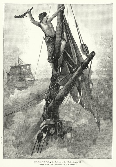 Jack Crawford spijkert de kleuren aan de mast door Frederick William (after) Burton