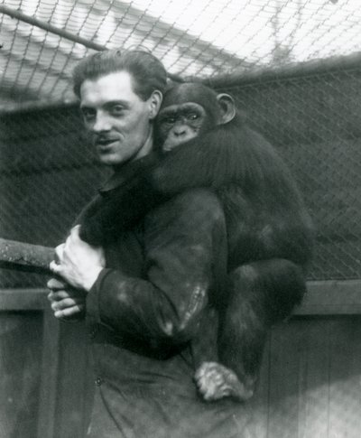 Een man draagt Chimpansee Sally op zijn rug, London Zoo, 1924 door Frederick William Bond
