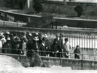 Sir Peter Chalmers Mitchell, met Ethiopische regent Haile Selassie en zijn entourage, bekijkend een bruine beer op de Mappin Terrassen, London Zoo door Frederick William Bond