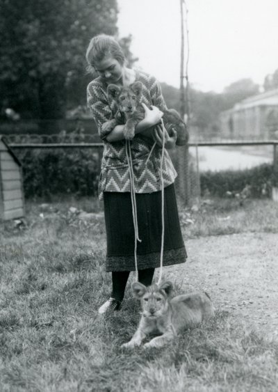 Twee leeuwenwelpen met een jonge vrouw in London Zoo, augustus 1925 door Frederick William Bond