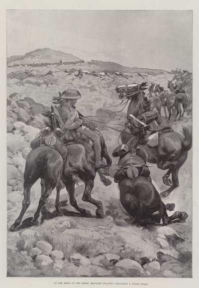 Op de Hielen van de Boeren, Bereden Infanterie die een Wagenkonvooi Aanvalt door Frederick William Burton