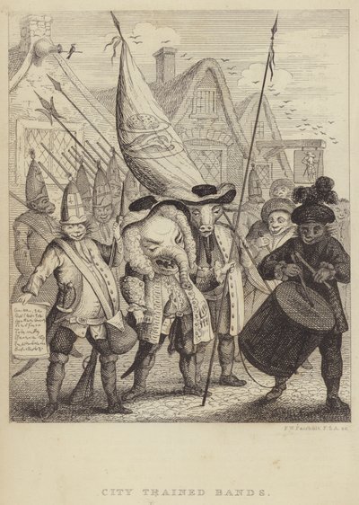 City Trained Bands: satire op de milities die geassocieerd worden met de City of London en de paniek veroorzaakt door de Jacobitische opstand van 1745 door Frederick William Fairholt