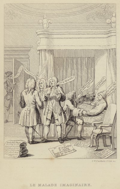 Le Malade Imaginaire: satire die auteur en botanicus John Hill in bed afbeeldt, geraadpleegd door een reeks artsen die allemaal vastbesloten zijn hun honoraria veilig te stellen door Frederick William Fairholt
