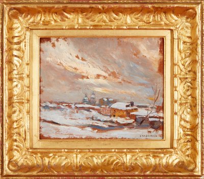 Een winterlandschap met koepels in de verte, Rusland (olieverf op paneel) door Frederick William Jackson
