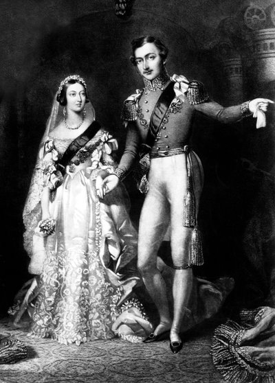 Koningin Victoria en Prins Albert bij hun terugkeer van de huwelijksdienst in St James